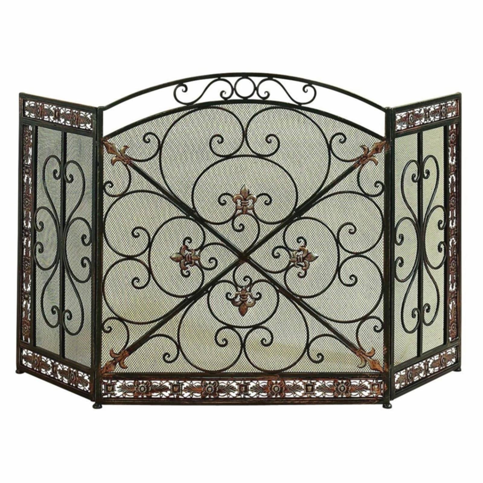 Benzara Traditional Design 3- Panel Metal Fire Screen, Bronze
