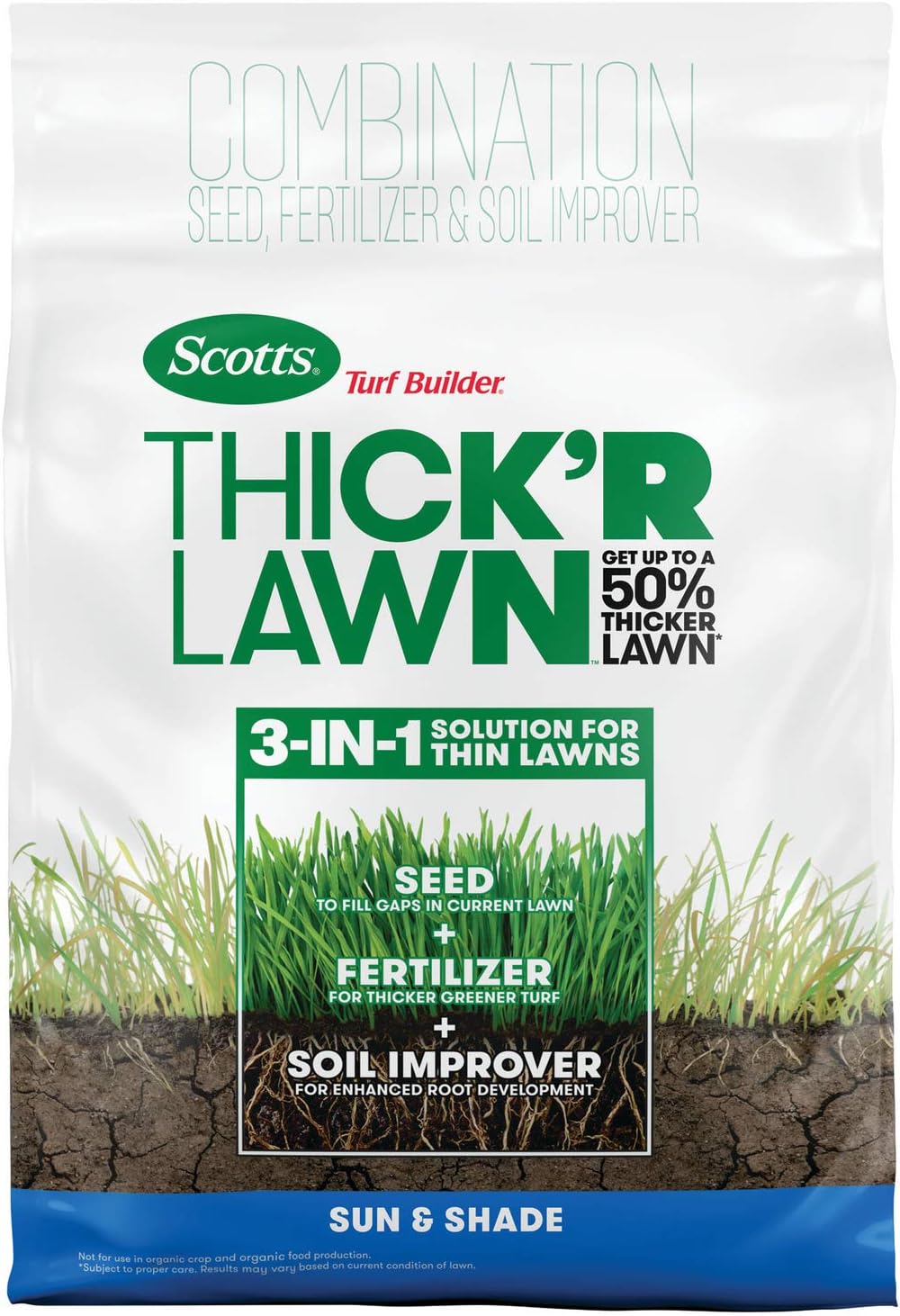 Scotts Turf Builder Thick'R Lawn Sun & Shade - 3 in 1 Lawn Fertilizer, Seed, & Soil Improver for a Thicker, Greener Lawn, Seeds up to 4,000 sq. ft.