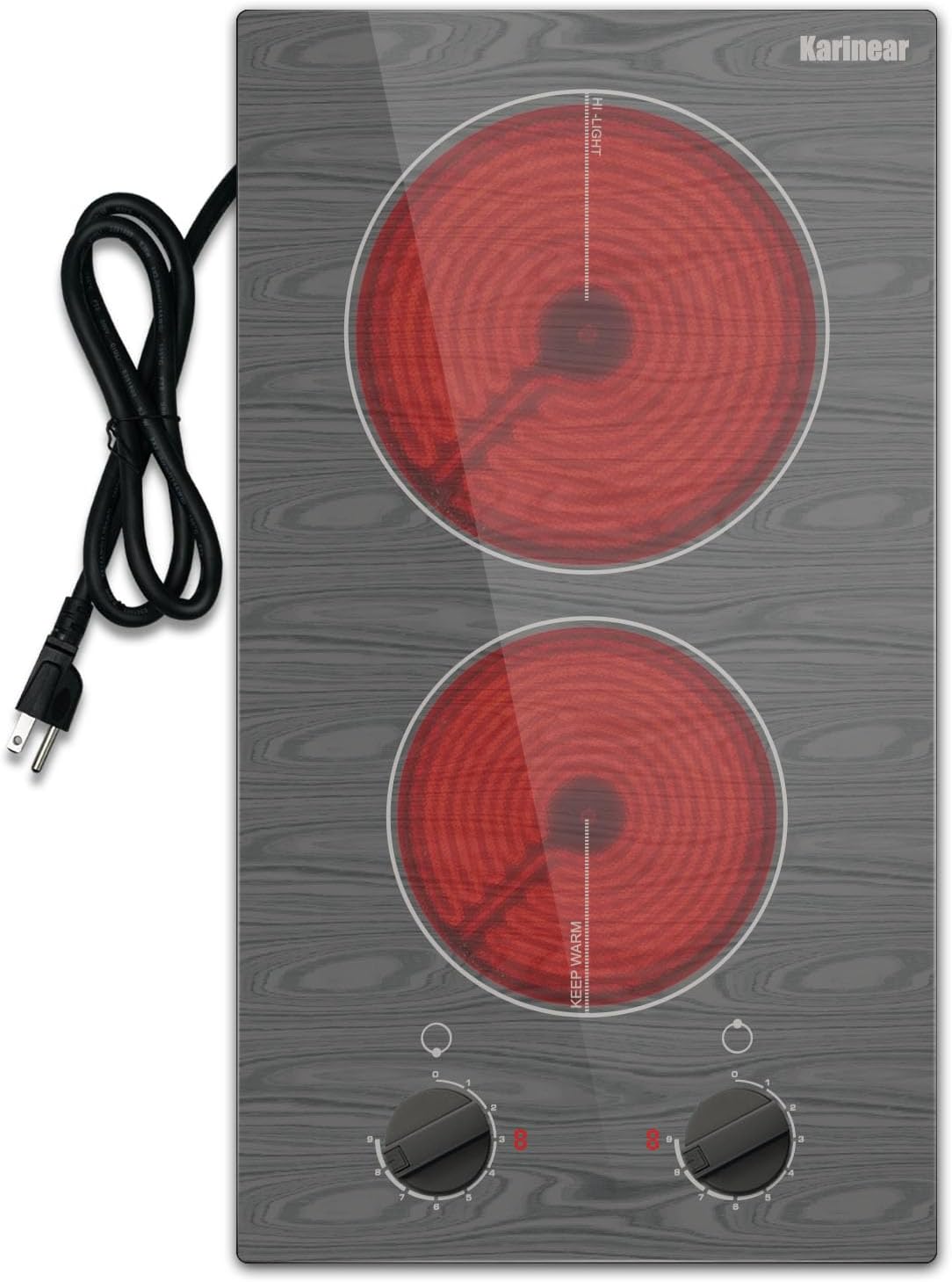 Karinear Electric Cooktop 2 Burners, 110v Portable Electric Stove Top with Knob, Glass Cooktop, Beautiful Woodgrain Pattern