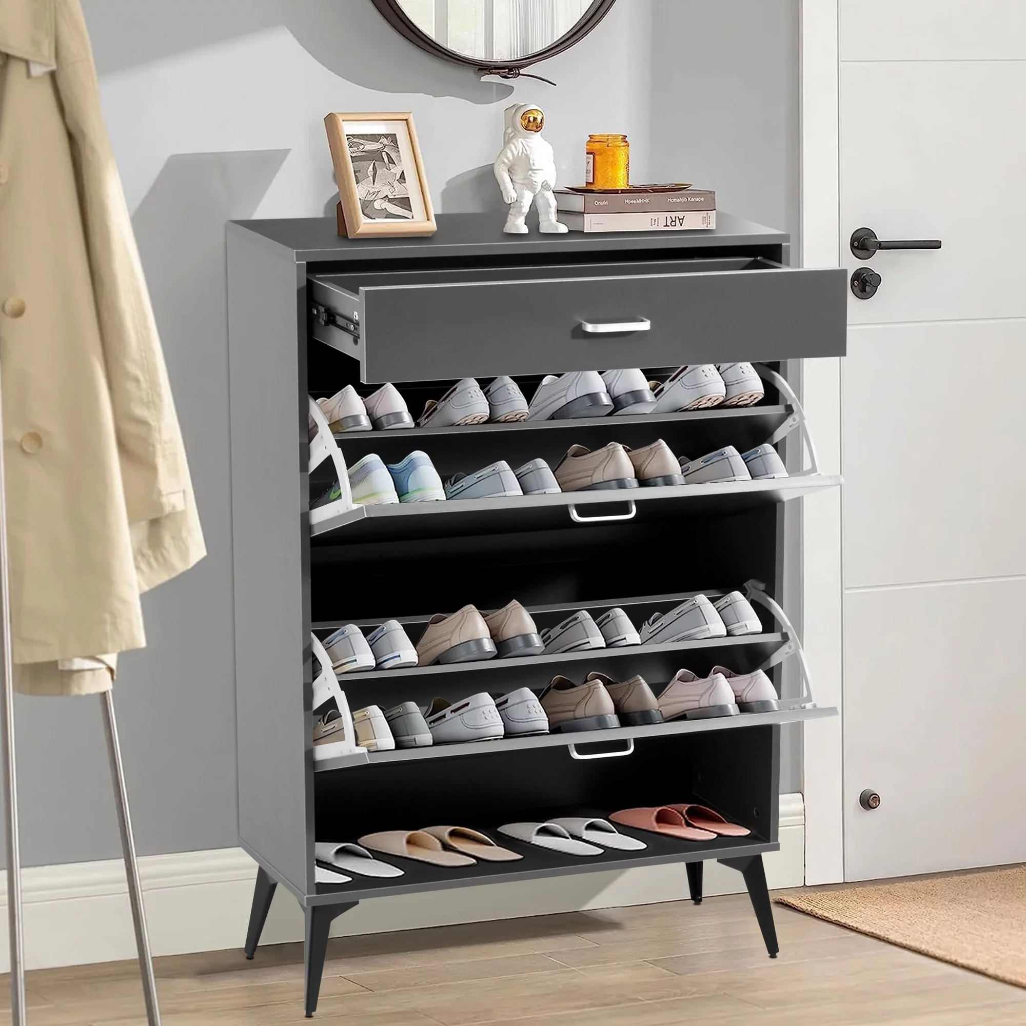 Sesslife Shoe Cabinet with 2 Flip Drawers, Modern 20 Pair Shoe Rack Organizer, Freestanding Tipping Bucket Shoe Storage Cabinet for Entryway, Gray