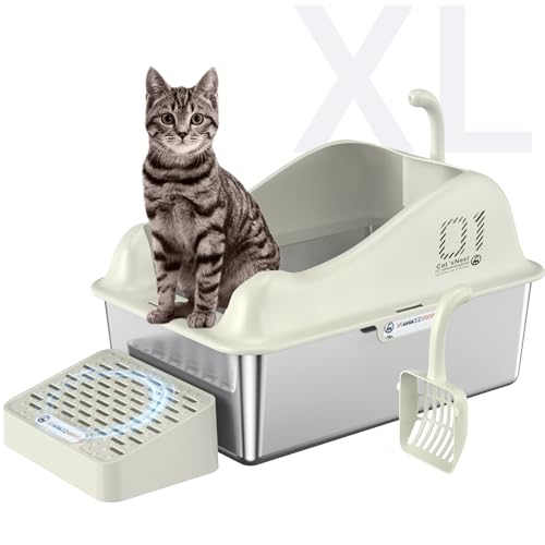 Stainless Steel Litter Box, XL Metal Litter Box with High Wall Sides, Stainless Steel Litter Box with Lid, Never Absorbs Odors, Non-Sticky