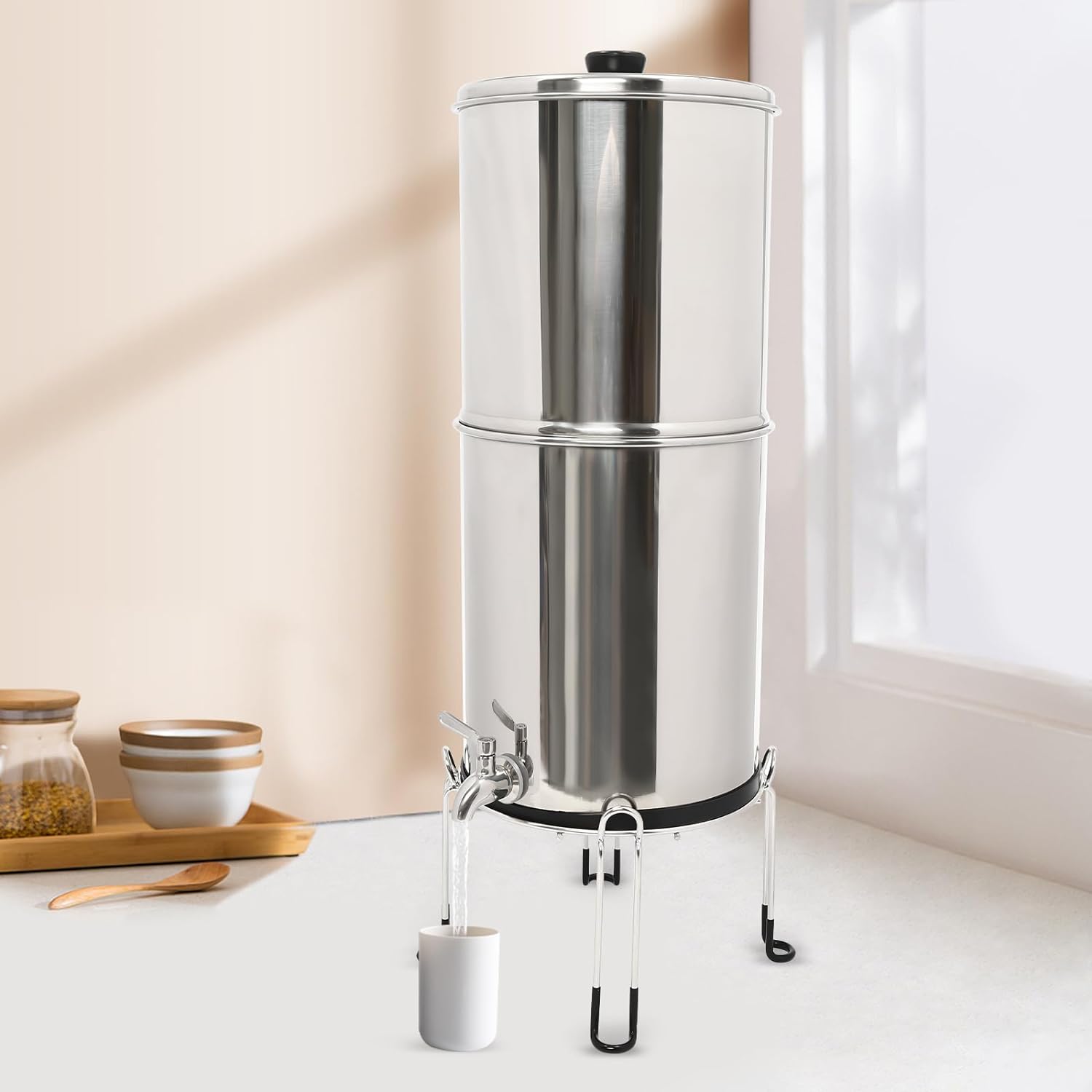 Gravity-Fed Water Filter System 2.25 Gallon Stainless Steel Countertop System with Stand and 2 Cartridges Filters, Provide Filter Water for Camping