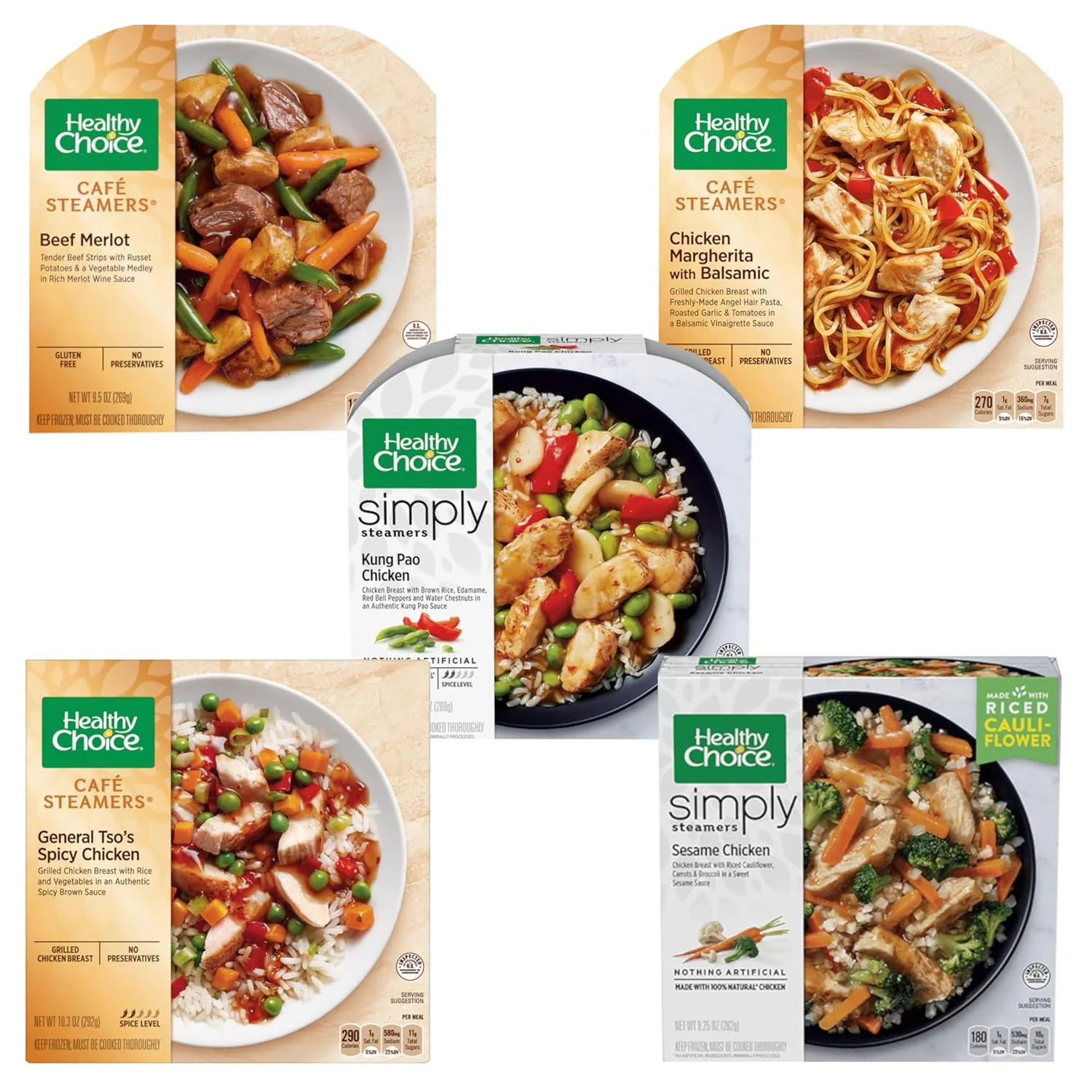 Healthy Choice Frozen Meals Variety Pack - Healthy Choice Sesame Chicken - Spicy Chicken General Tso's - Chicken Margherita with Balsamic