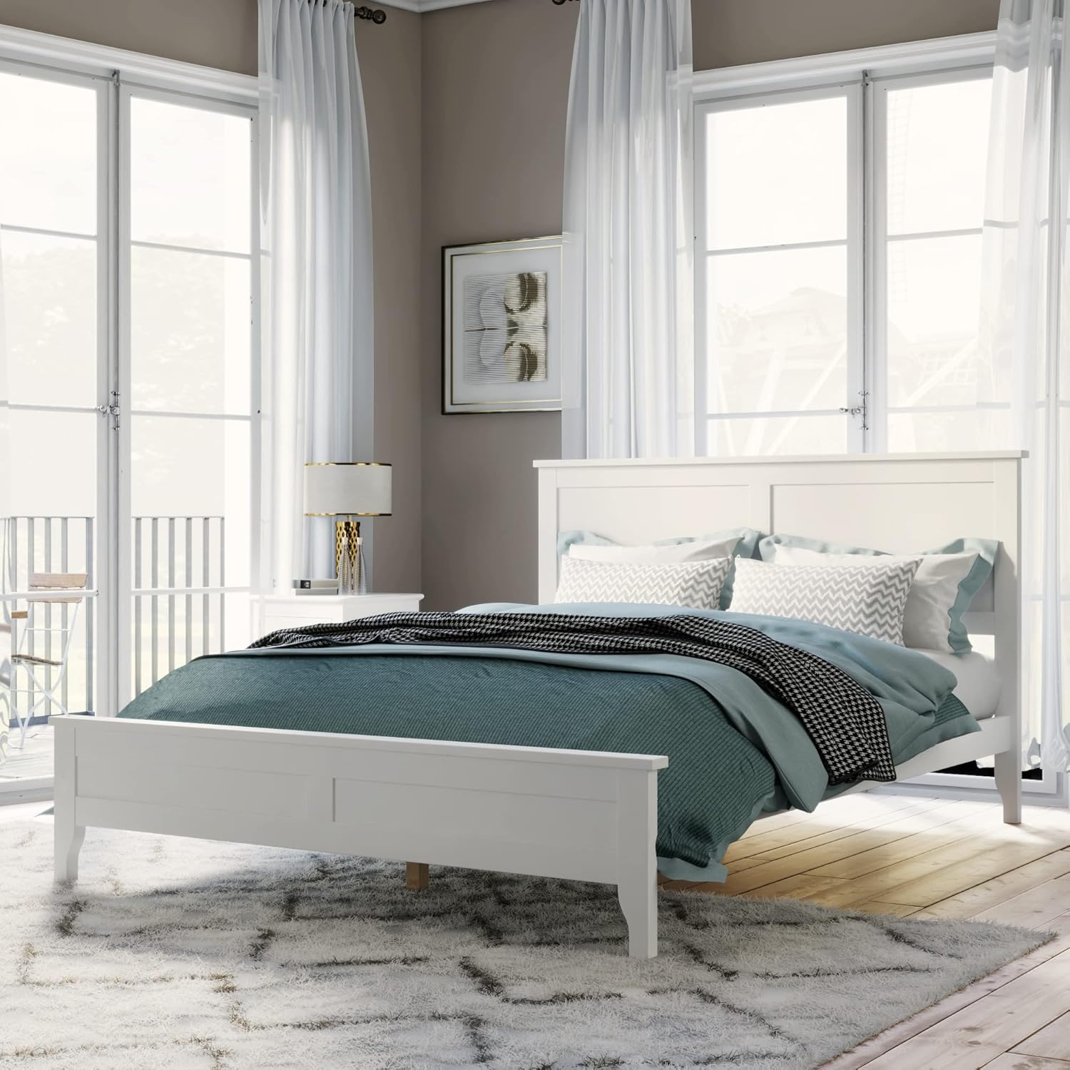 Full Size Platform Bed, Modern Style Wooden Bed Frame Full Wood Platform Beds with Headboard for Bed Room, No Box Spring Needed (White)