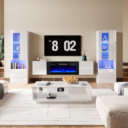 AMERLIFE High Gloss Living Room Entertainment Center with LED Lights