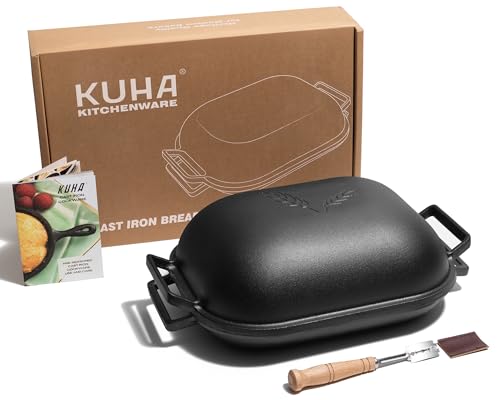KUHA Cast Iron Bread Pan with Lid + Bread Lame - Black Heavy Duty Cast Iron Loaf Pan for Homemade Breadmaking - Pre-seasoned Bread Oven