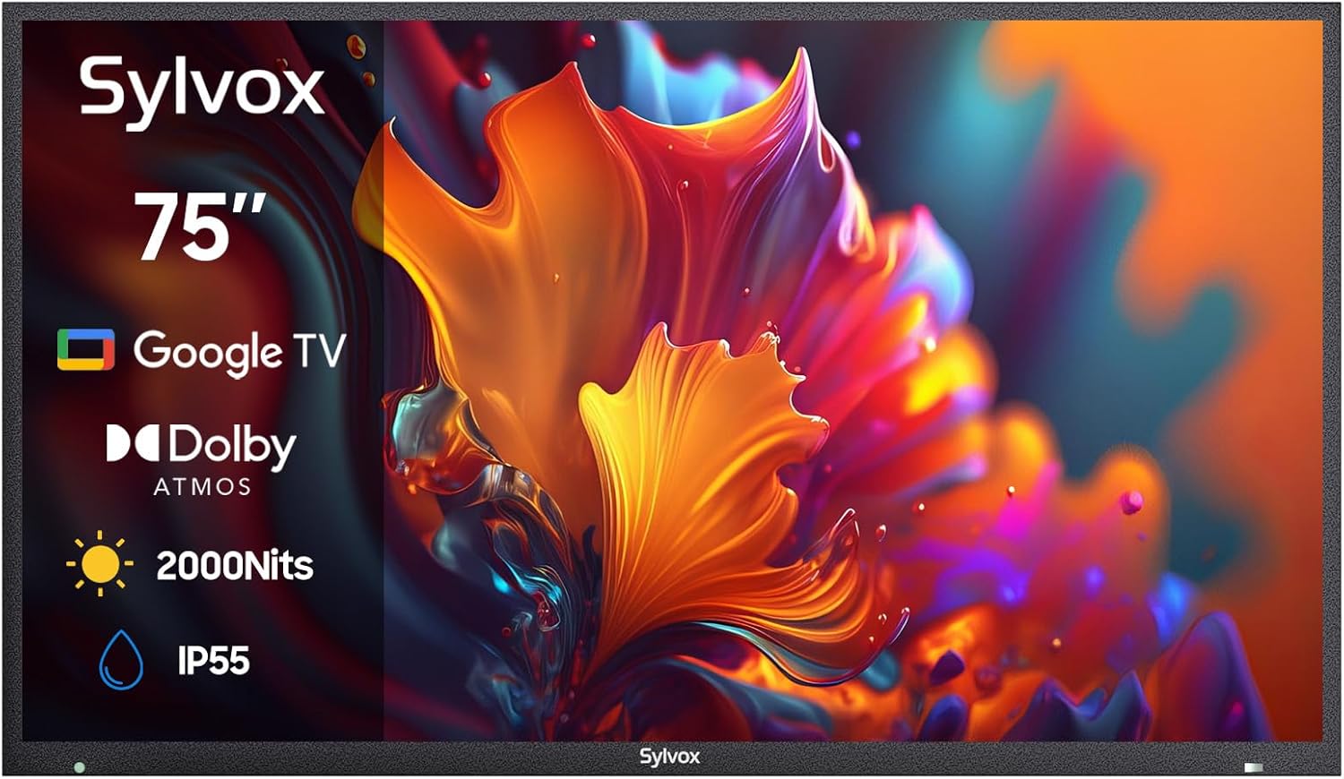 SYLVOX Full Sun Outdoor TV, 75'' QLED Smart TV, IP55 Waterproof, Dolby Vision HDR, Voice Remote,2000nits Weatherproof Television