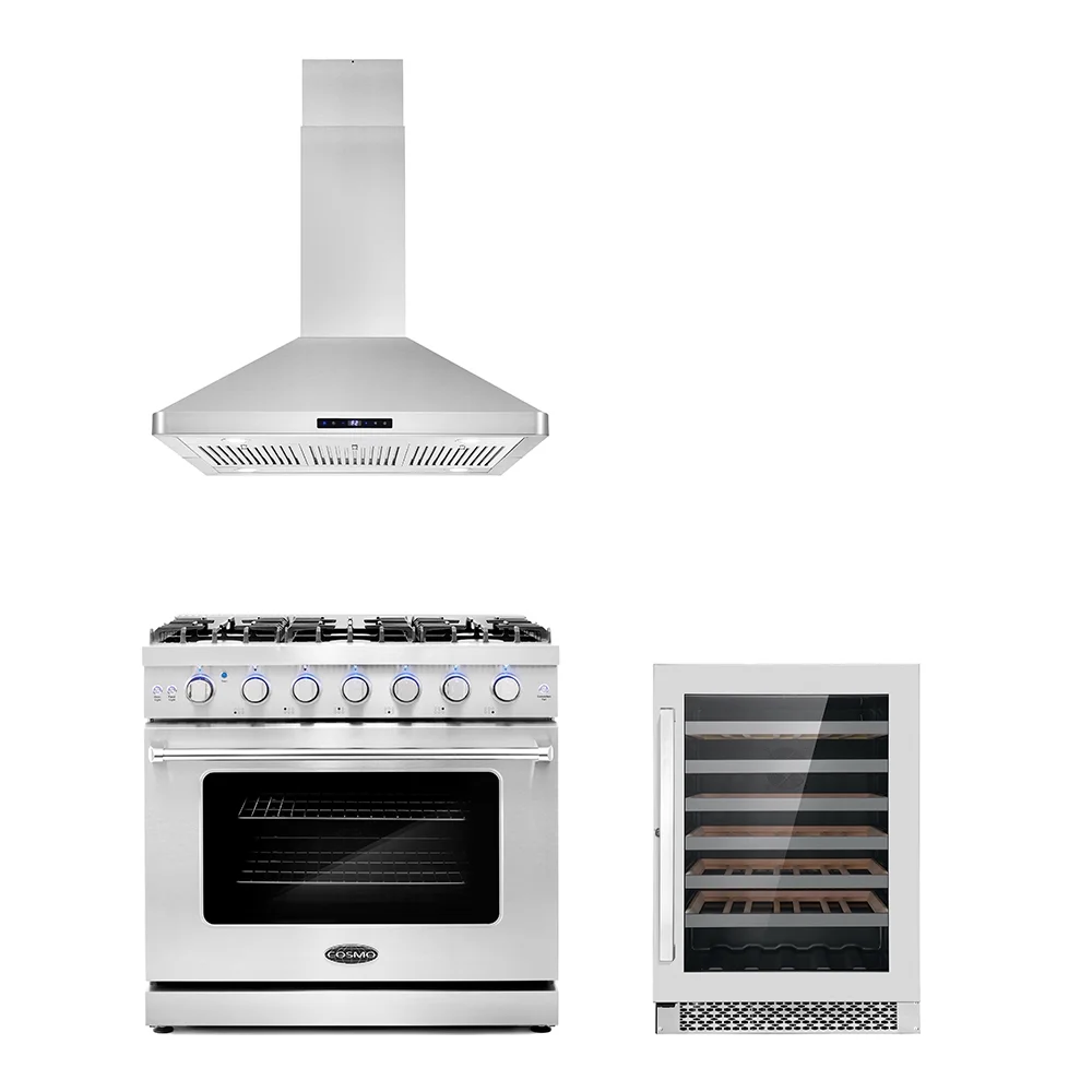 Cosmo 3 Piece Kitchen Appliance Packages with 36" Freestanding Gas Range Kitchen Stove 36" Island Range Hood & 48 Bottle Freestanding Wine
