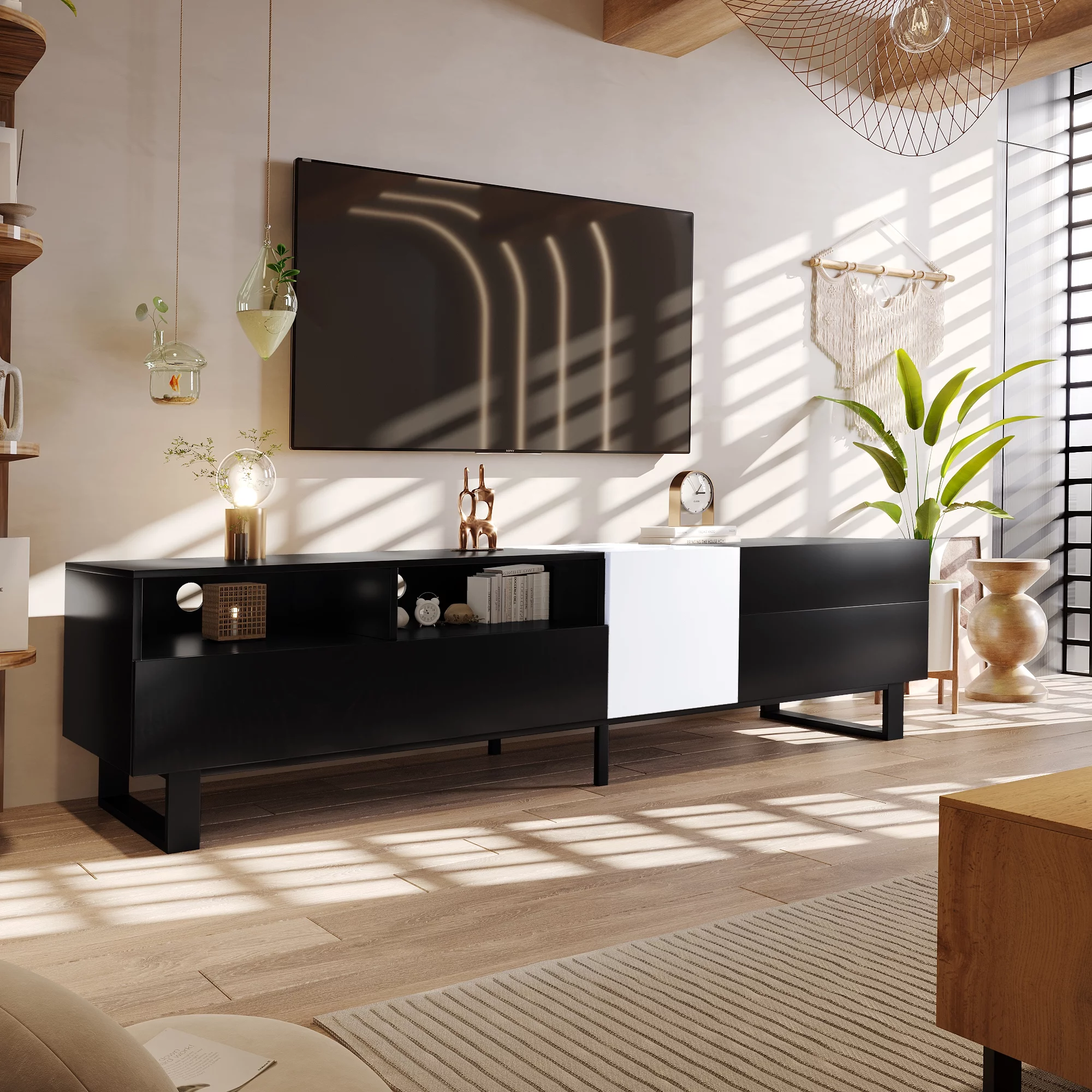 Modern TV Stand for 80'' TV with Double Storage Space, Media Console Table, Entertainment Center with Drop Down Door for Living Room, Bedroom