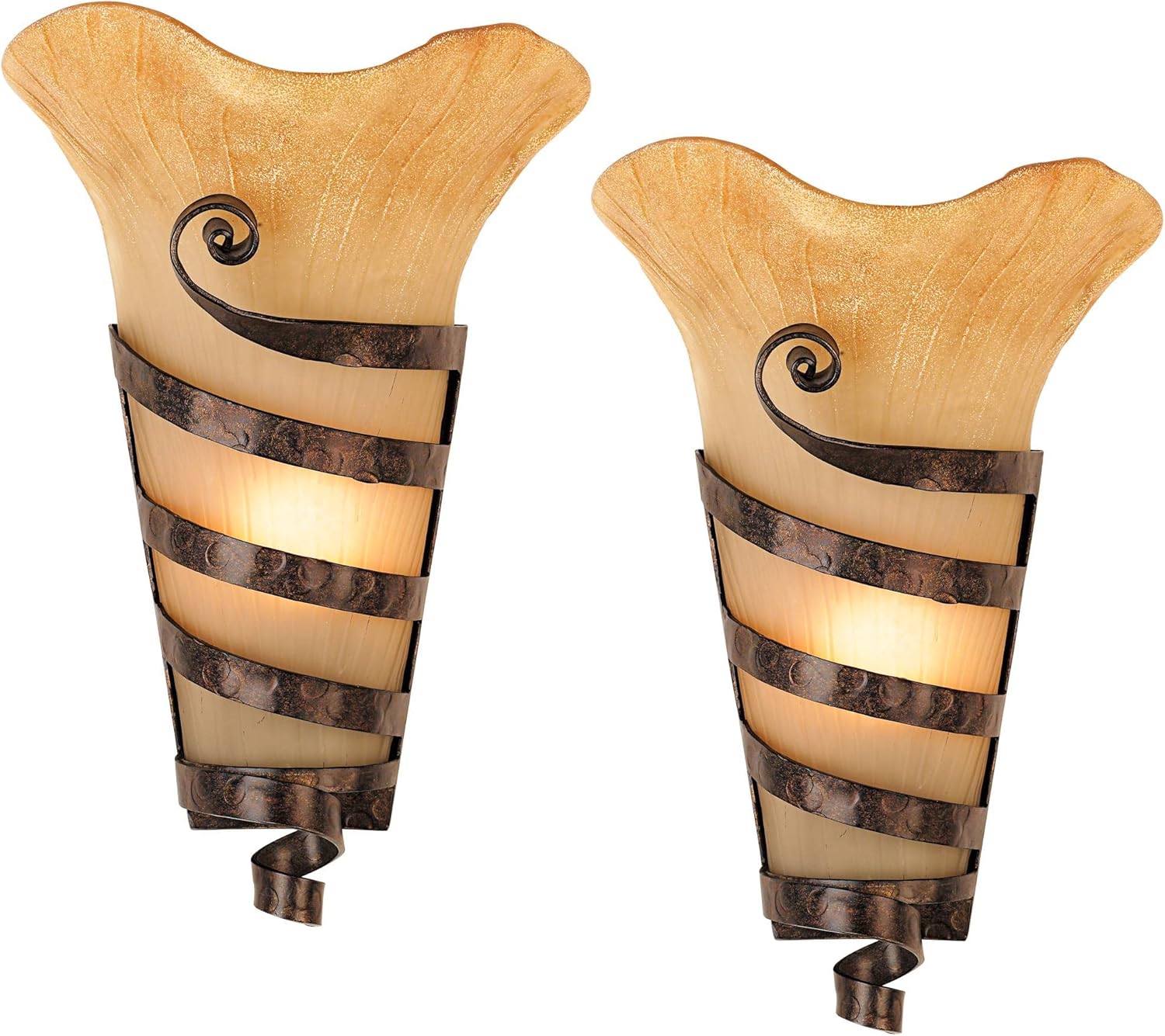 Franklin Iron Works Solara Farmhouse Rustic Wall Light Sconces Set of 2 Rust Hardwired 10" Fixture Iron Ribbon Scavo Art Glass for Bedroom Bedside