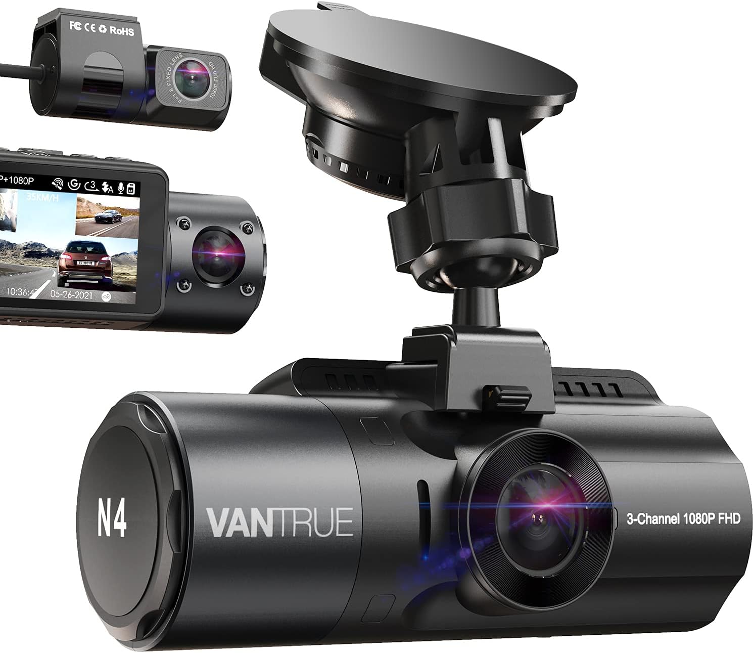 Vantrue N4 3 Channel 4K Dash Cam, 4K+1080P Front and Rear, 4K+1080P Front and Inside, 1440P+1080P+1080P Three Way Triple Car Camera, IR Night Vision