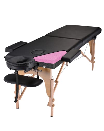 Portable Massage Table Massage Bed Professional SPA Reiki Eyelash Salon Bed, Wooden Frame Height Adjustment & Accessories, Black (3-Section)