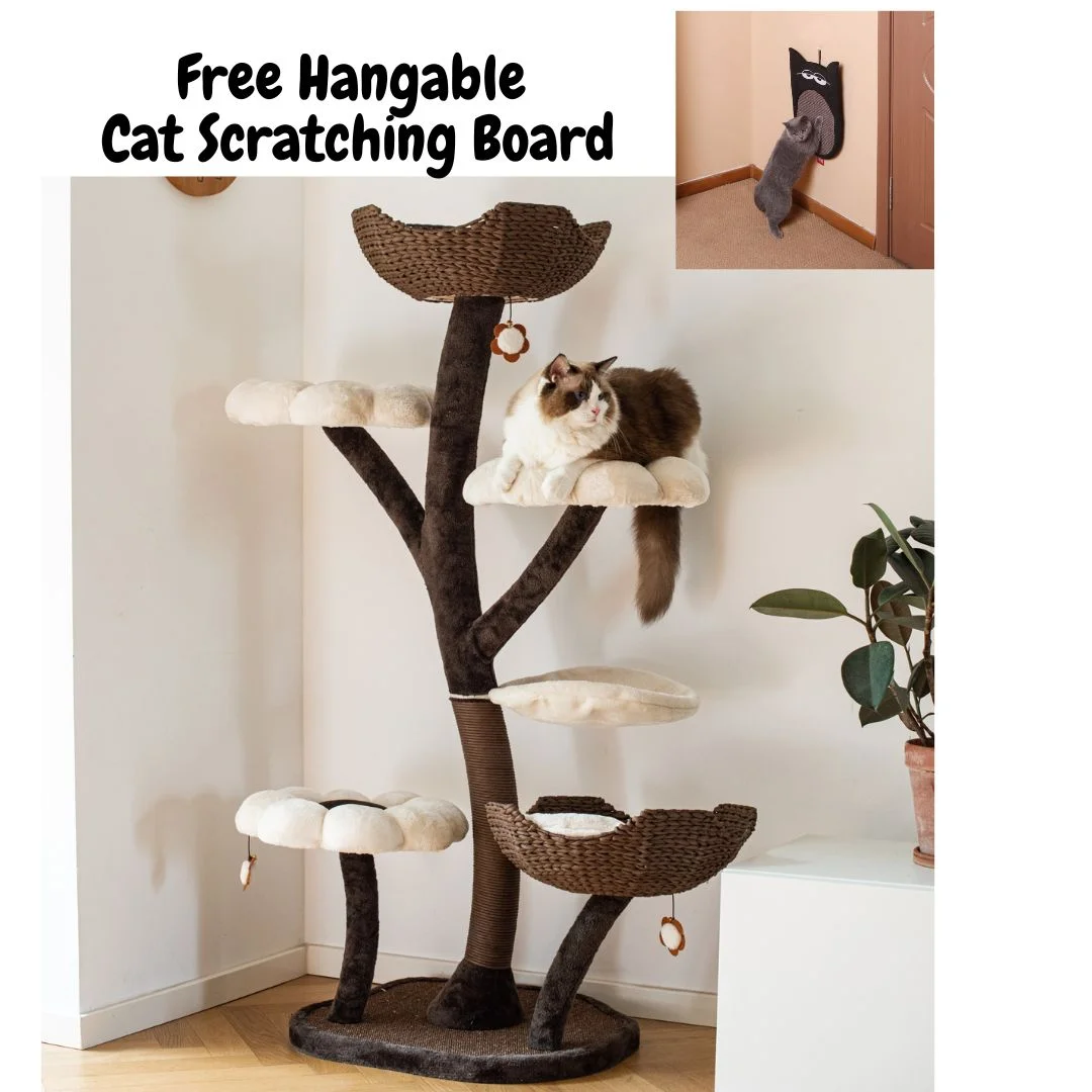 Catry 59" Natural Blossom Flower Woven Tree Branches Large Cat Tree 6-Level Cat Tower w/ Hammock Foam-Padded Perches Basket for Large Adult Cats Play