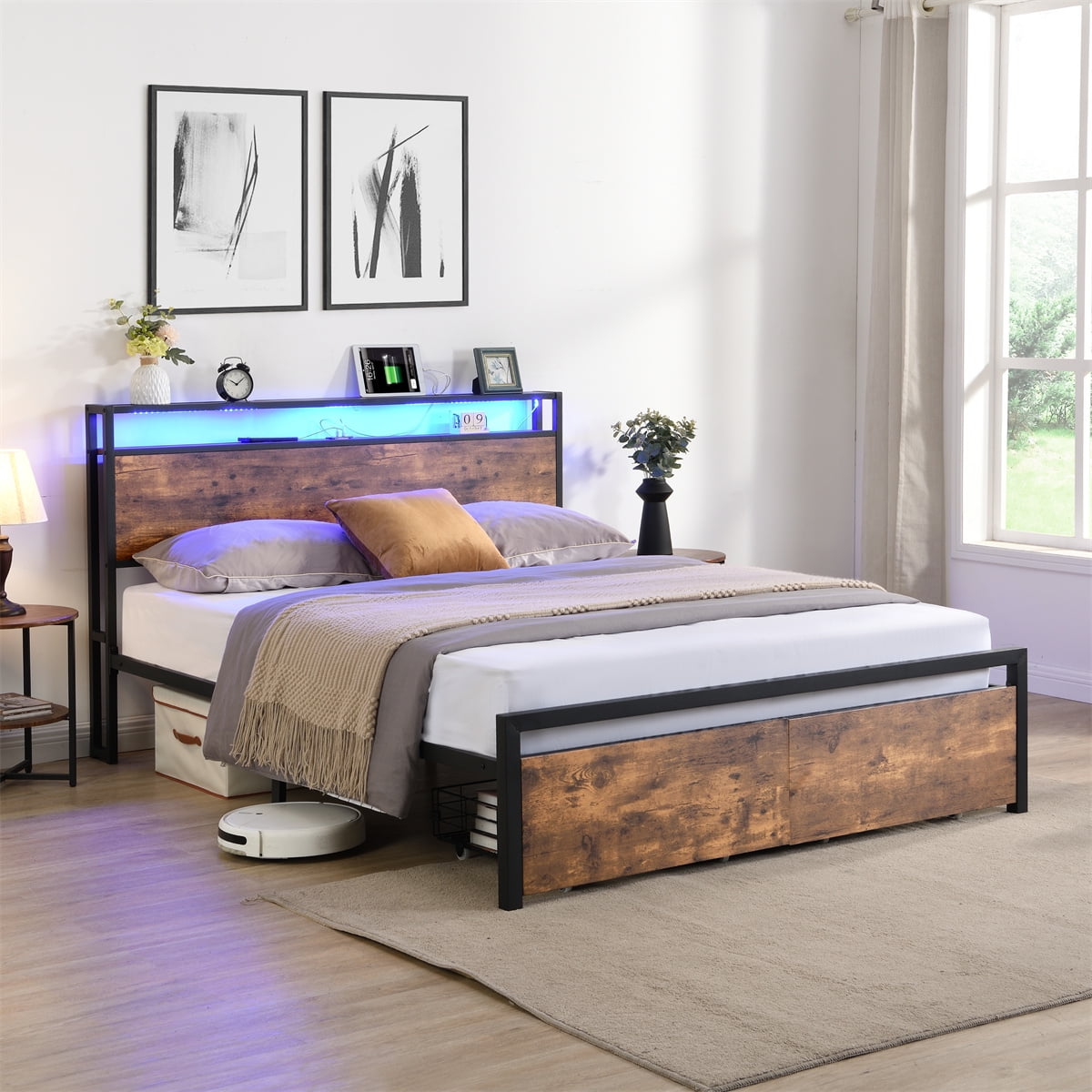 Queen Size Bed Frame with Storage Headboard and 2 Drawers, LED Lights Bed with Charging Station, Metal Platform Bed No Noise