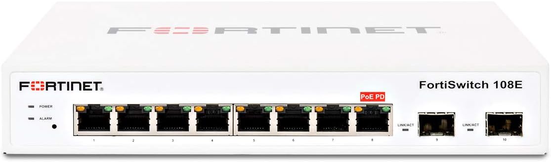 Fortinet | FS-108E | FortiSwitch-108E L2 Switch - 8 x GE RJ45 Ports, 2 x GE SFP, Fanless line AC and PSE Dual Powered L2+ Management Switch
