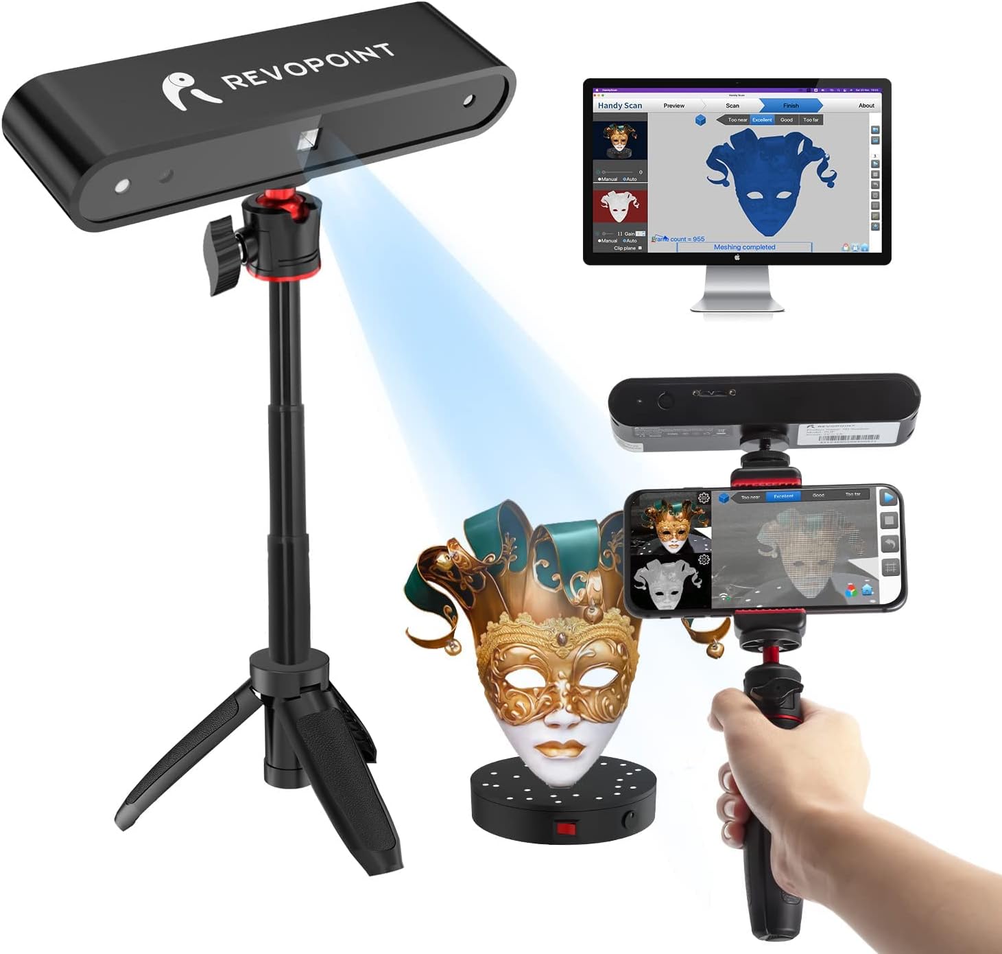 SUNWOW POP 3D Scanner, 0.3mm 8Fps 3D Scanner for 3D Printer with Turntable and Phone Holder for Handheld Fixed Human Face Body Texture Scanning