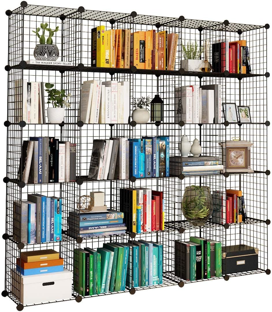 KOUSI 14x14 Wire Cube Storage, Metal Grid Organizer, 25-Cube Modular Shelving Unit, Stackable Bookcase, Ideal for Living Room, Bedroom, Office, Garage
