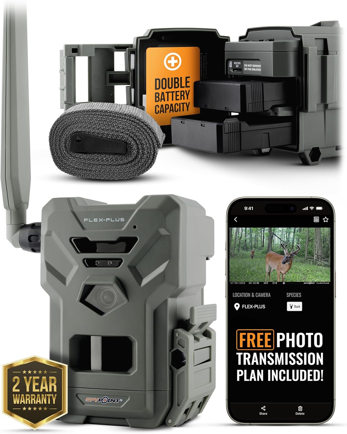 SPYPOINT FLEX-PLUS Cellular Trail Camera, 36MP Photos and 1080p Videos w/Sound, Double The Battery Capacity, GPS-Enabled, Dual-SIM LTE Connectivity