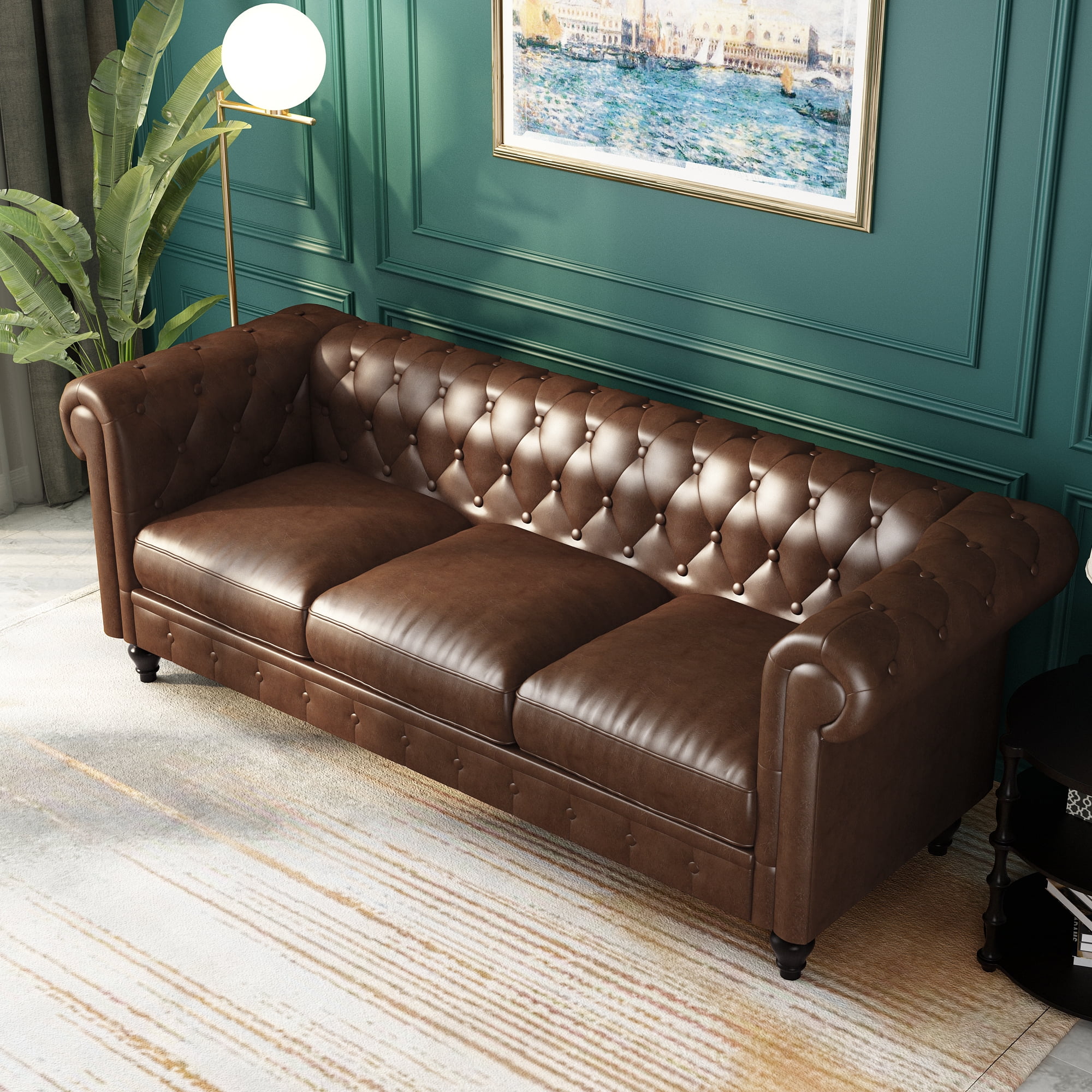 Chesterfield Button Tufted Faux Leather Sofa, 3-Seater Upholstered Couch with Removable Cushions for Living Room Bedroom Office