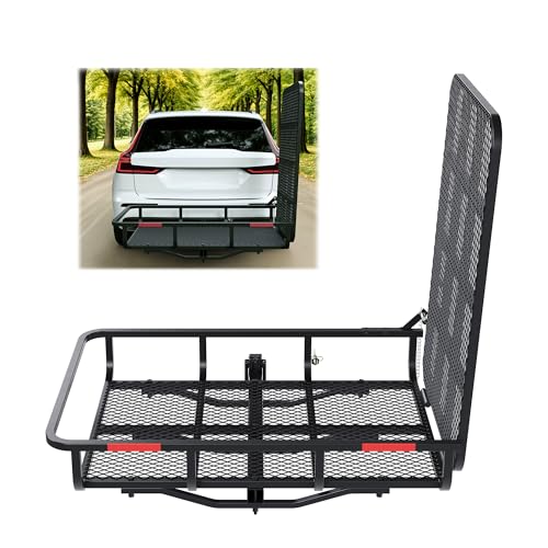 ECOTRIC Hitch Mount Wheelchair Carrier with Mobility Ramp for Wheelchair Scooter Lawn Mower Snow Blower Hauler 500lb Capacity Basket-Style