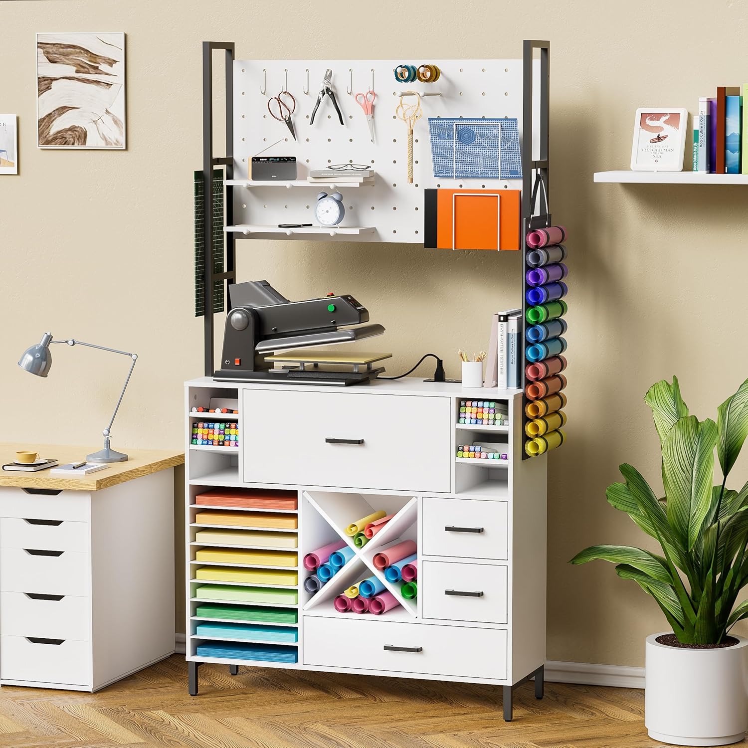 PAKASEPT Craft Organizers and Storage Cabinet Compatible with Cricut Machines, Cricut Accessories Craft Table with Power Outlet, Pegboard