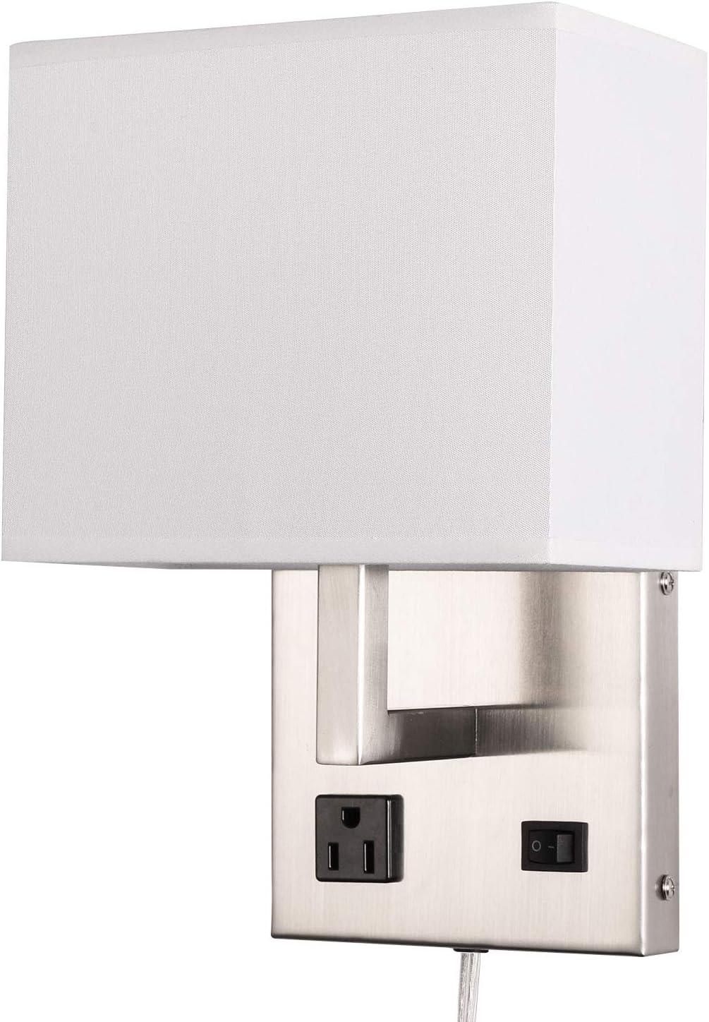 Postmodern Bedside Wall Mount Light with AC Outlet and Switch,Plug in Cord Hardwire,Brush Nickel,White Fabric Shade