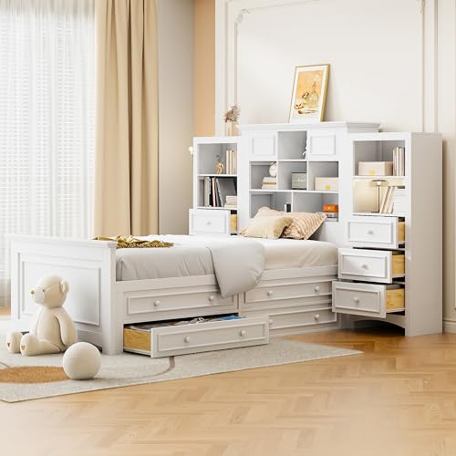 Twin Storage Bed, Wood Platform Bed with Bookcase Headboard and 10 Drawers, Modern Wooden Captain Beds Frame for Kids Boys Girls Teens, Gray