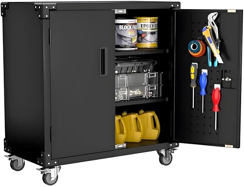 Metal Storage Cabinet, Rolling Tool Cabinet with 2 Adjustable Shelves and Locks & 4 Wheels, Heavy Duty & Rust Resistant Tool Cart