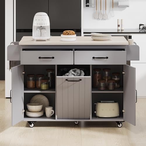 53.5'' Farmhouse Kitchen Island with Power Outlet, Kitchen Storage Island with Drop Leaf, Spice Rack and Drawer