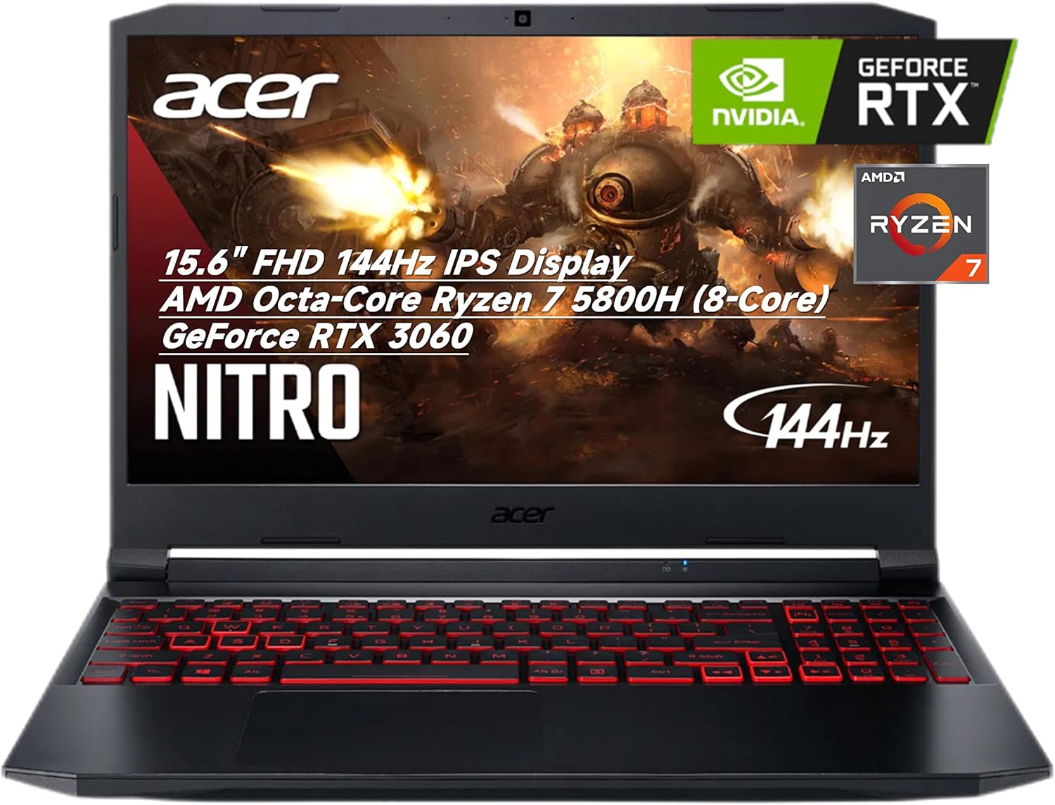 acer Nitro 5 Gaming Laptop, 15.6" 144Hz FHD IPS Display, AMD Octa-Core Ryzen 7 5800H (8-Core) (>i7-10875), GeForce RTX 3060, USB-C, WiFi 6