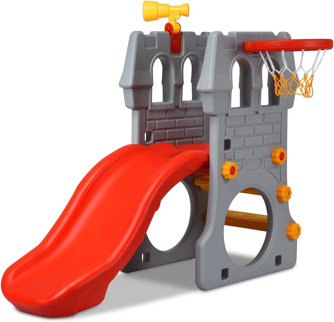 KOTEK Toddler Slide Indoor for Age 3-8, 5 in 1 Kids Climber Slide with Basketball Hoop, Telescope, Crawl Through Space & Climbing Stairs