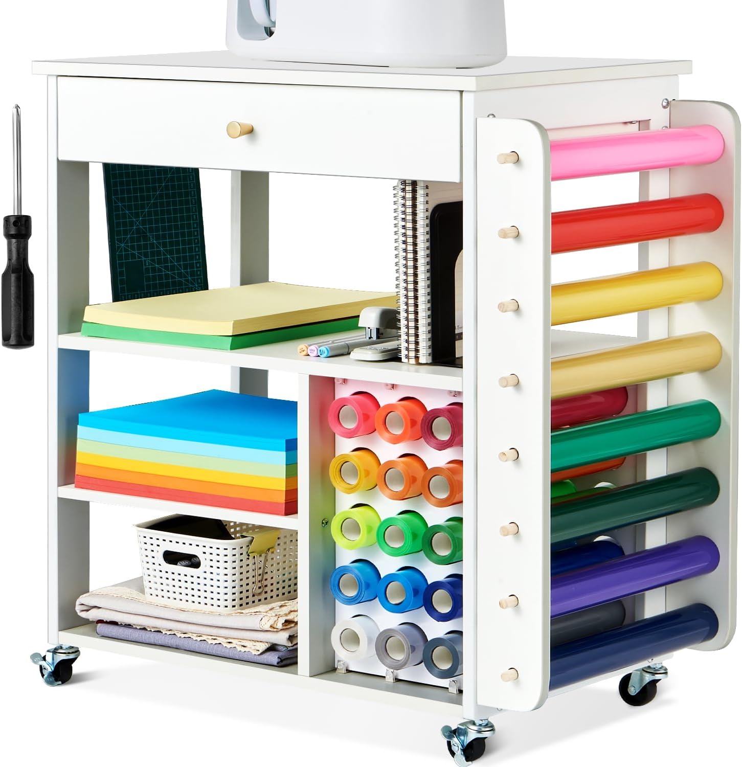 Rolling Cricut Craft Storage, Mobile Cricut Vinyl Organization Storage with 23 Vinyl Roll Holder, Craft Table Stand with Wheels