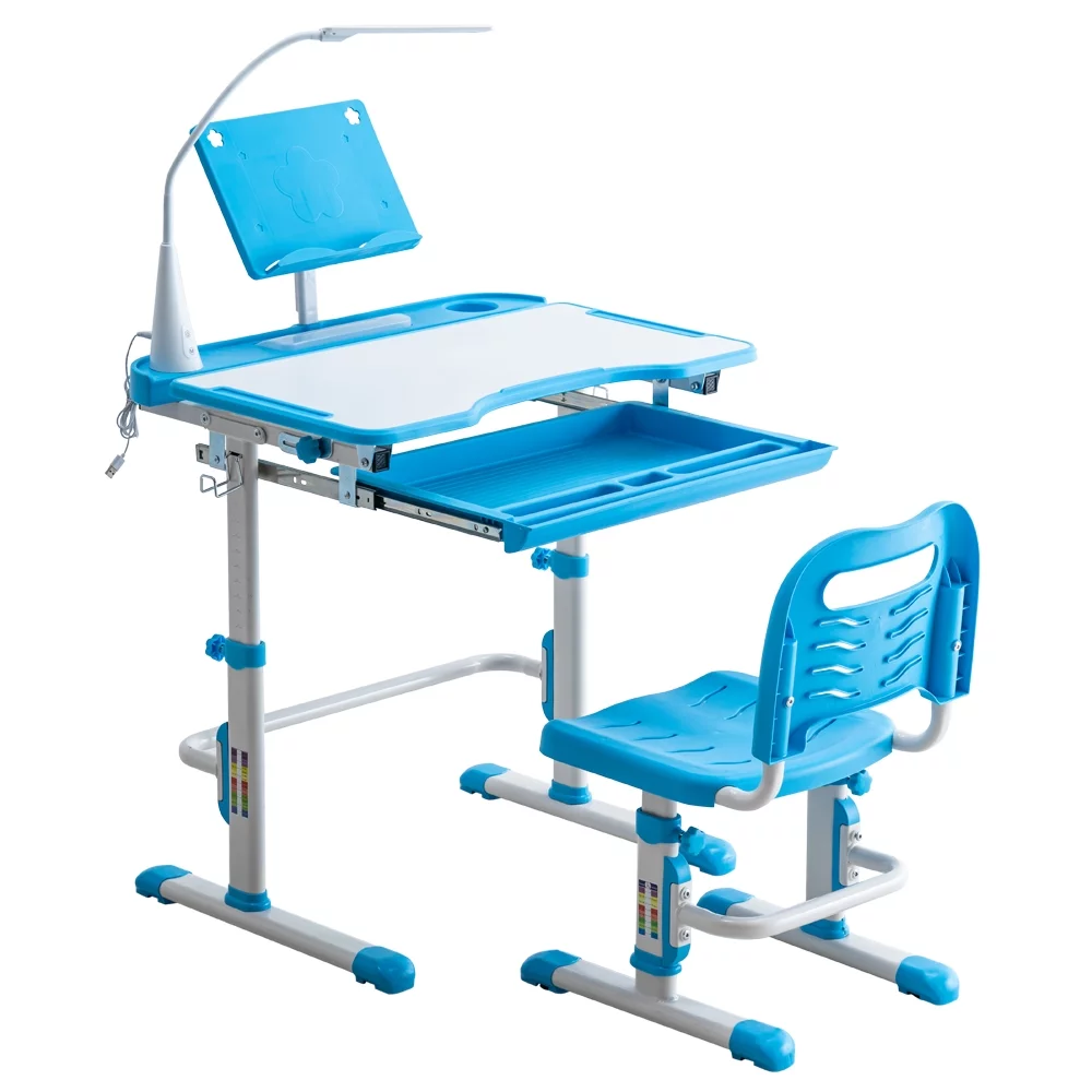 Kids Desk and Chair Set, Height Adjustable Children Study Table with Led Light, Bookstand, Wood Tiltable Anti-Reflective Tabletop