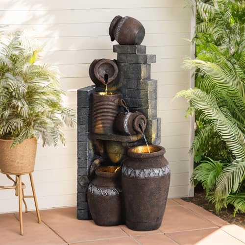 39.3" H Garden Decor Outdoor Fountain with LED Lights - 5 Layer Design Resin for Patio Deck Porch Backyard Home Art Decor