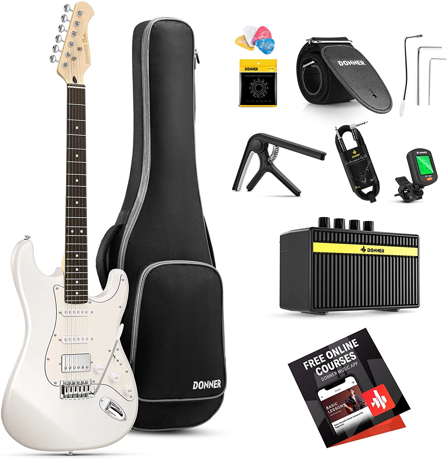 Donner Electric Guitar, 39" Beginner Guitar HSS Pickup Coil Split Polar with Kits White DST-152
