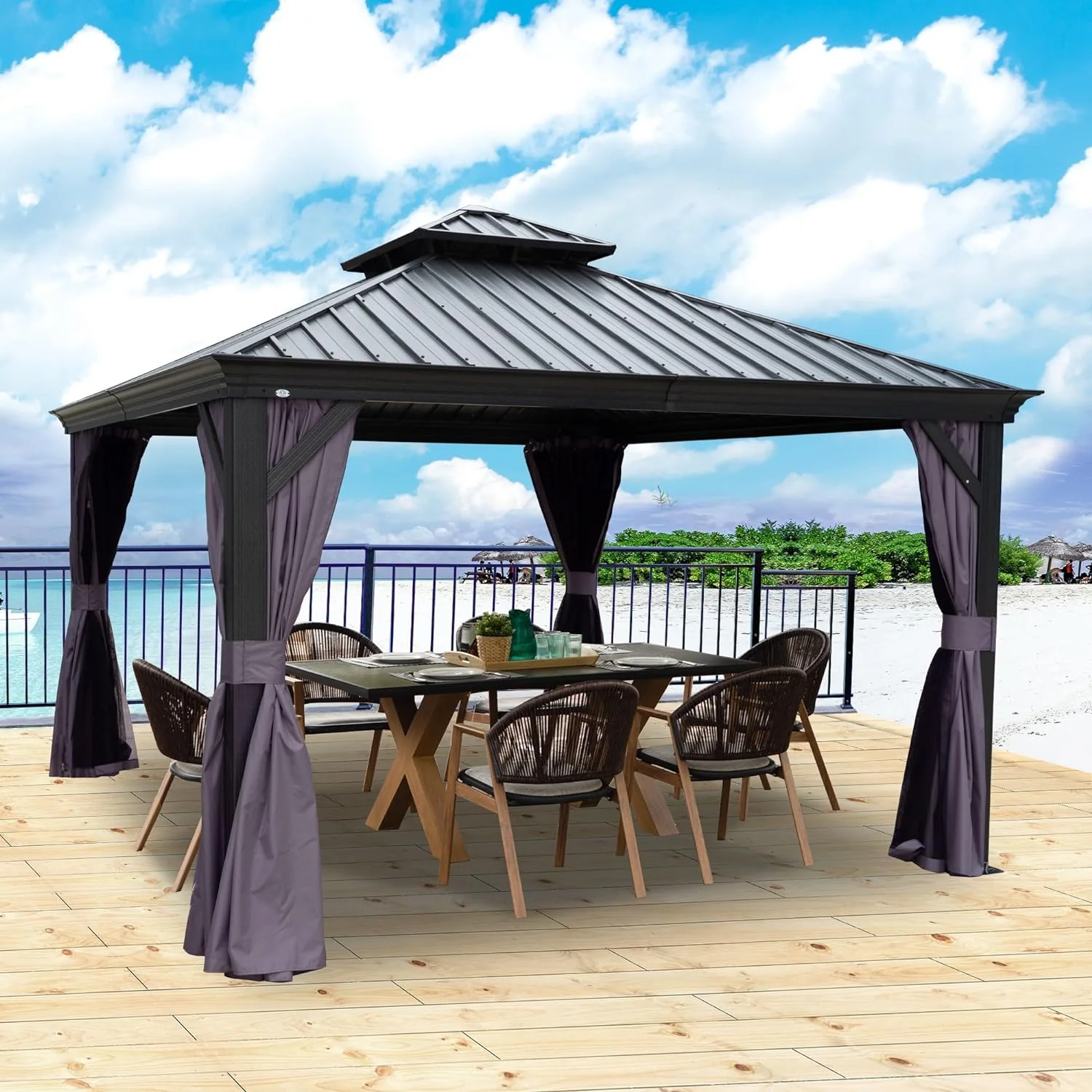 Kozyard Alexander Hardtop Aluminum Permanent Gazebo with a Mosquito Net and Privacy Sidewalls (Alexander 12'x12' (Gray))