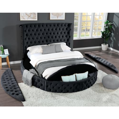 Circle Bed Frame Queen, Luxury Bed Frames with Wingback Headboard and Storage Side Rails & Footboard