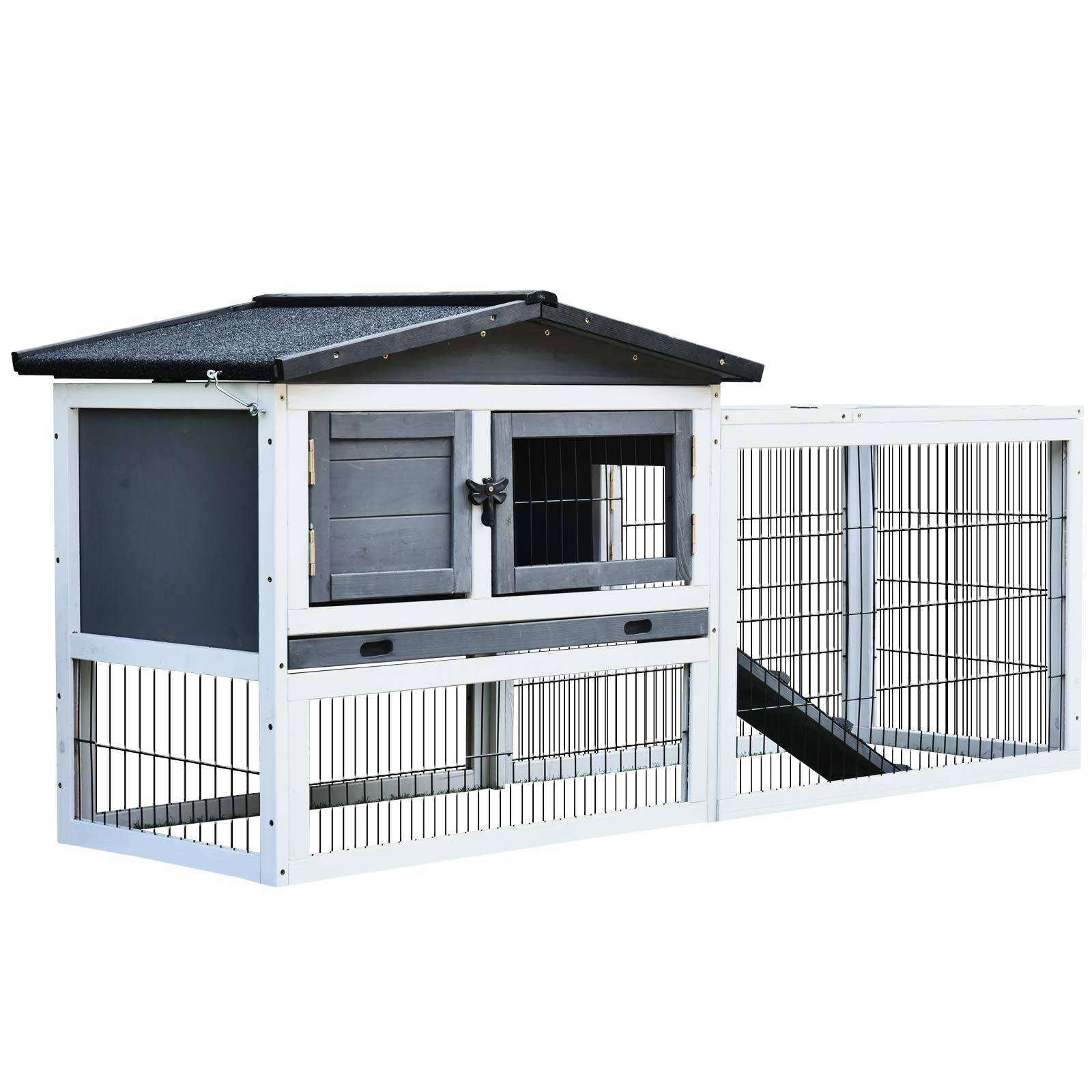 PawHut Solid Wood Rabbit Hutch with 2 House Levels and Patio Space, Strong Black Metal Cage WIRE, and Easy Clean Tray