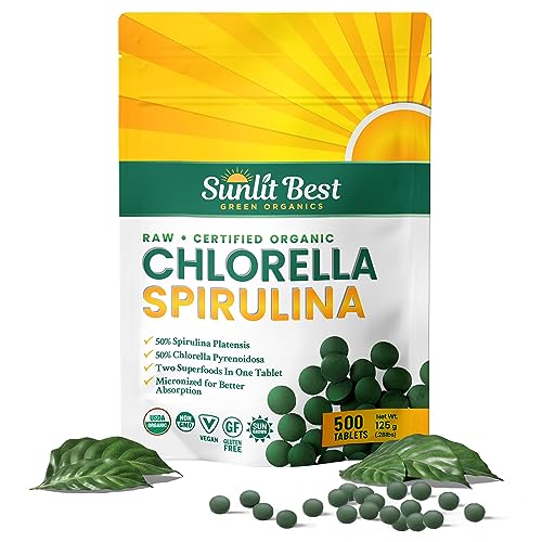 Sunlit Best Organic Chlorella Spirulina 500 Tablets - Pure Superfood Supplement Spirulina Chlorella Pills with Burst & Cracked Cell Wall Algae