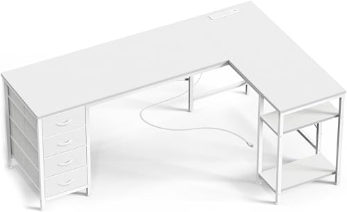 Huuger 63 Inch L Shaped Desk with Fabric Drawers, Reversible Computer Gaming Desk with Power Outlets and USB-C Port, Adjustable Side Storage Shelves