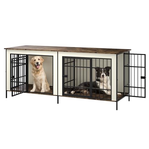 Erinnyees 79" Double Dog Crate Furniture, Extra Large Dog Cage Large Breed, Wooden Dog Crate TV Stand, Furniture Style Dog Kennel with Divider, Beige