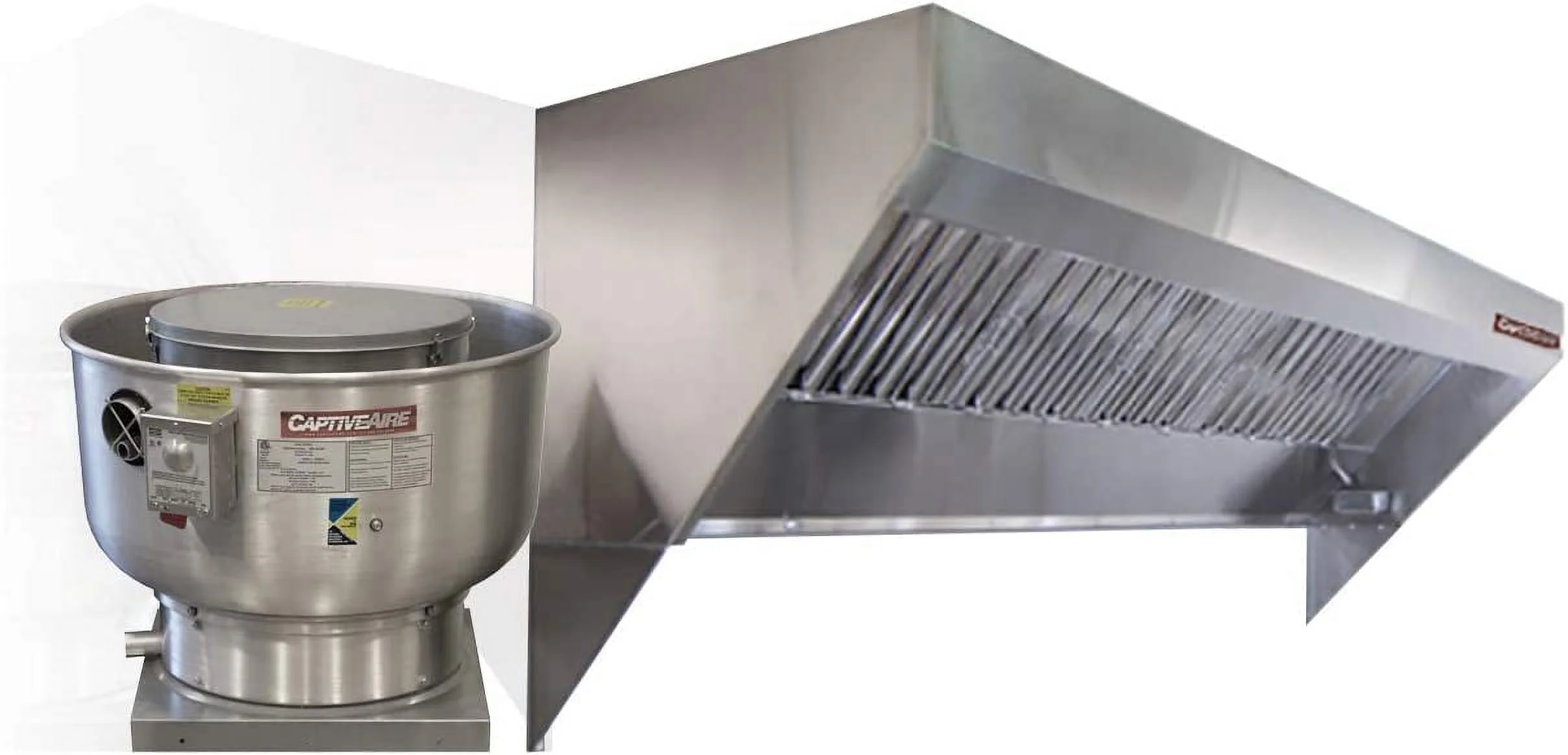 CAPTIVE-AIRE Food Truck Low Profile Exhaust Hood System Includes a stainless steel exhaust hood, an exhaust fan, an adjustable duct section