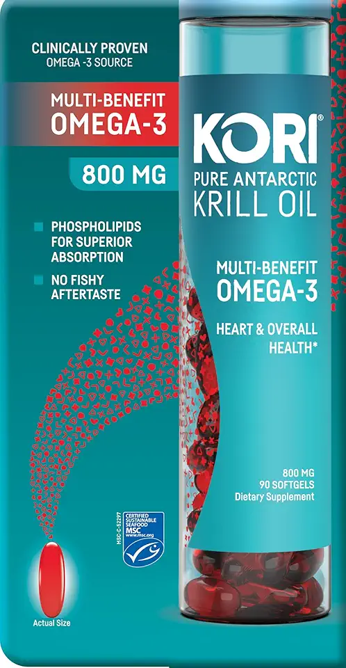 Kori Krill Antarctic Krill Oil Omega 3 Supplement, EPA & DHA, with Superior Absorption vs. Fish Oil, 800 mg, 90 softgels - Kansas Nuitrition - HNZSDS