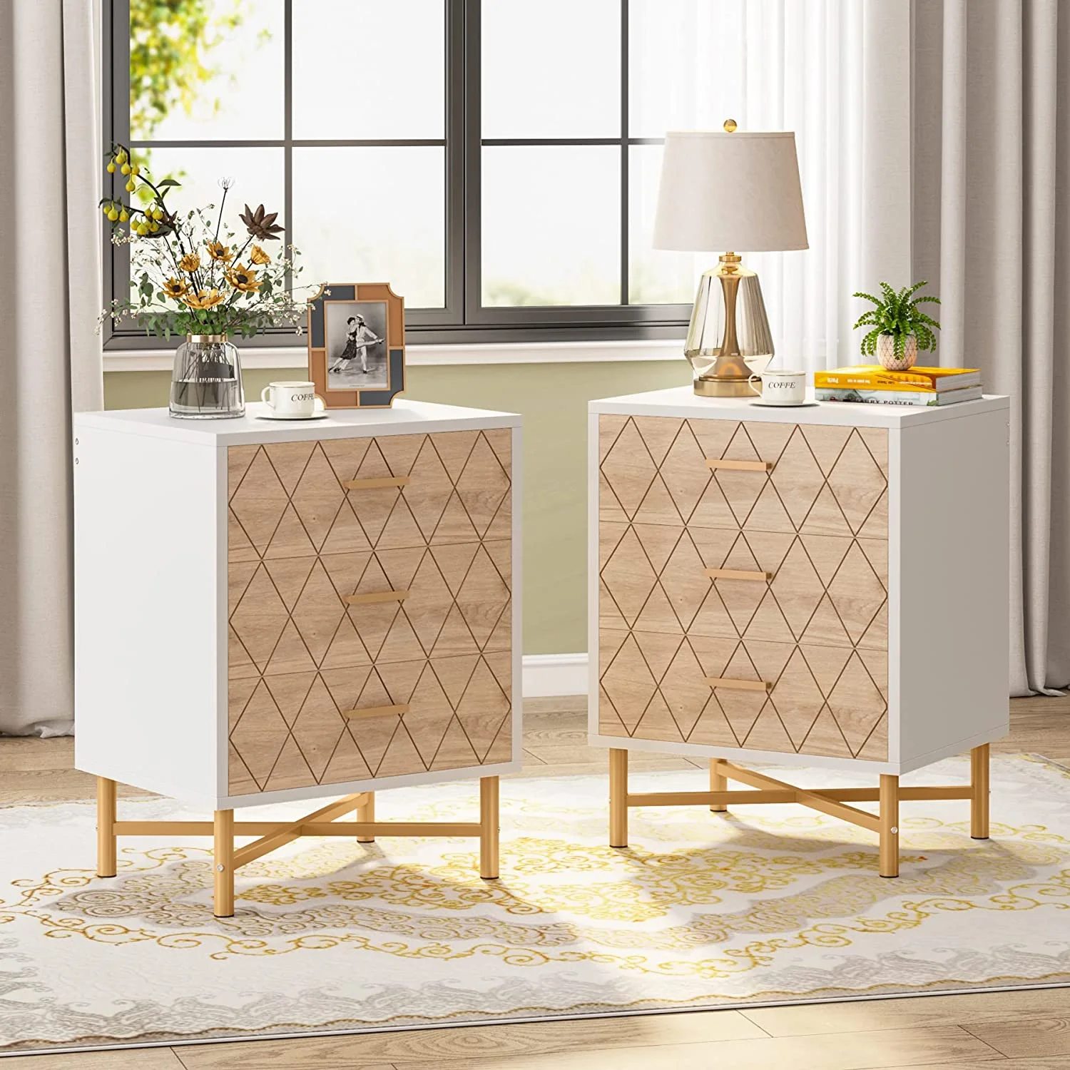Tribesigns 3-Drawer Nightstand Set of 2, Mid Century Modern Night Stand with Storage, Large Bed Side Table for Bedroom,