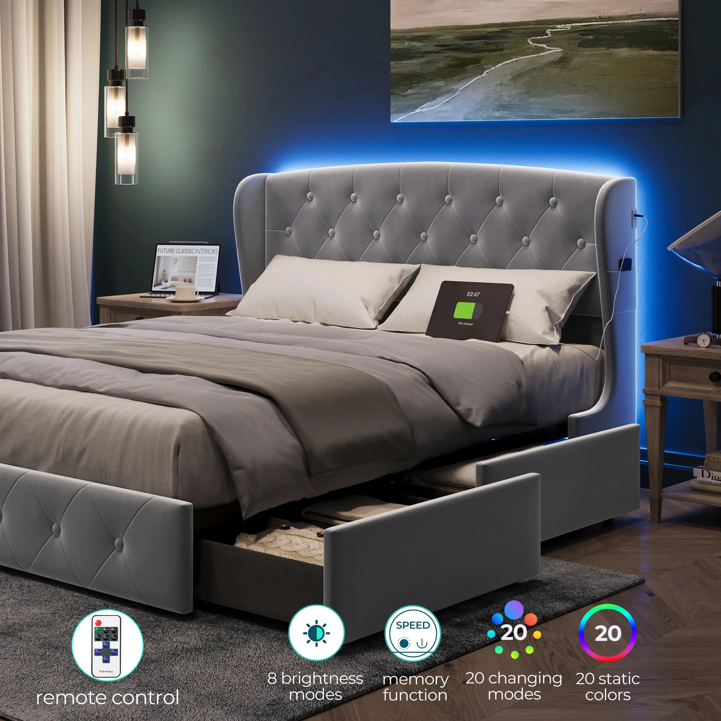 Linsy Home Upholstered Full Size Platform Bed Frame with Headboard and 4 Storage Drawers, Storage Bed with Remote RGB Lights & Fast Charger