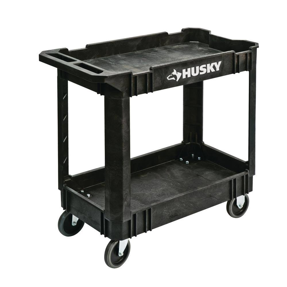 Husky Service Cart 2 Tier Plastic 4 Wheeled Black Lightweight Swivel Caster Mobility
