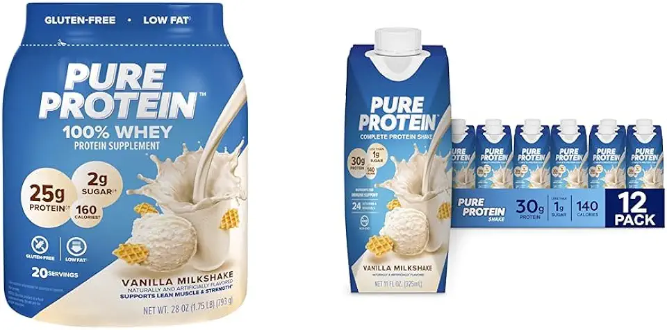 Pure Protein Powder, Whey, High Protein, Low Sugar, Gluten Free, Vanilla Cream, 1.75 lbs & Vanilla Protein Shake, 30g Complete Protein, Vitamins A, C