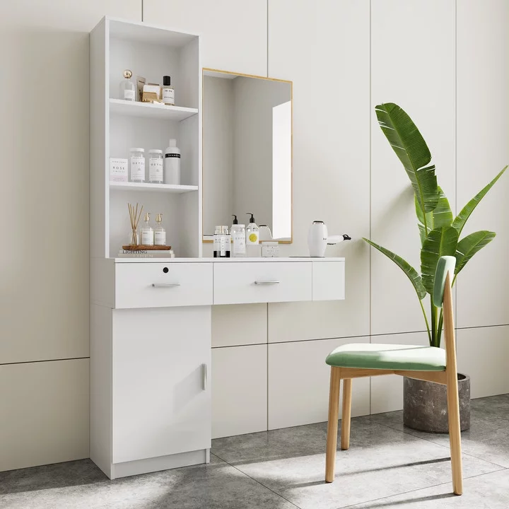 Holaki Modern Wall Mount Hair Desk Salon Station Barber Station Vanity Table Set, Dressing Table with 3 Tier Shelf