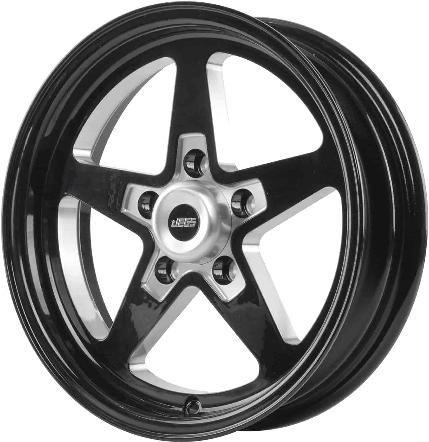 JEGS SSR Star Aluminum Wheel 15” x 4” | 5 x 4.75” Wheel Bolt Pattern Spacing | -19 mm Offset | 1.75” Backspacing | Gloss Black Powder Coat | 3.27”