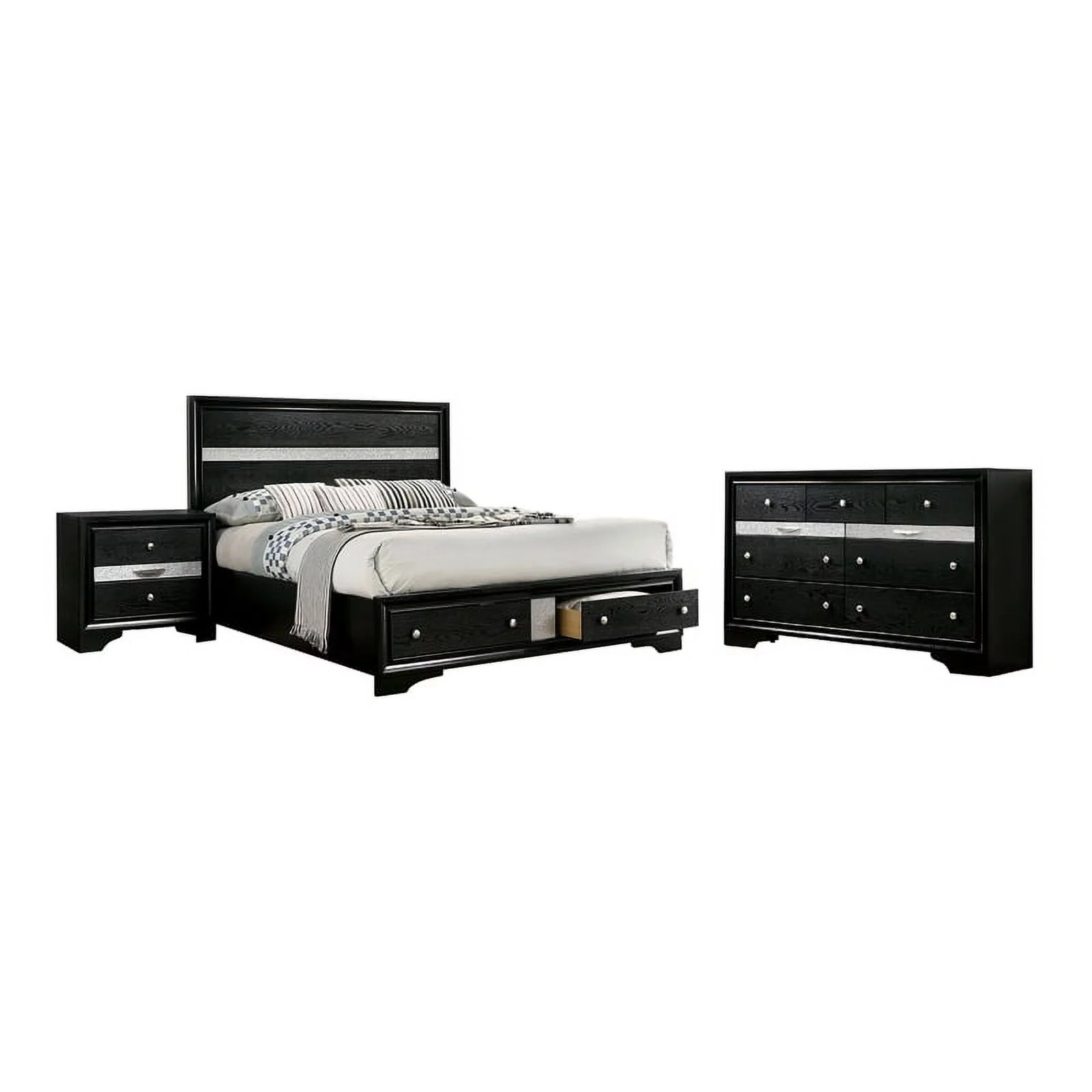 FOA Laren 3-Piece Black Wood Bedroom Set - King + Nightstand + Dresser